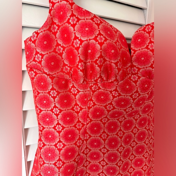 Saloni Halle sweetheart pink and red jaquard silk midi dress - Picture 5 of 8